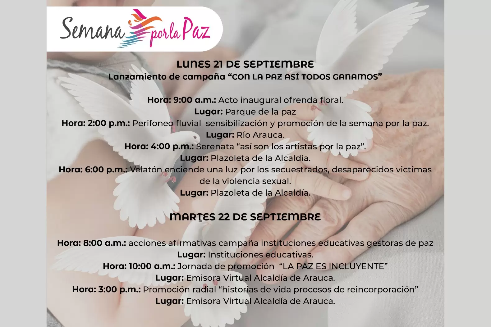 Arauca realizará la celebración de la Semana por La Paz del 21 al 25 de septiembre