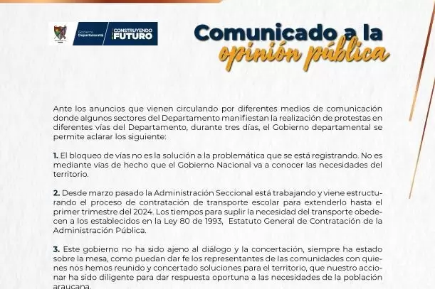 Gobernación de Arauca aclara situación ante anuncios de protestas y bloqueo de vías en el departamento-