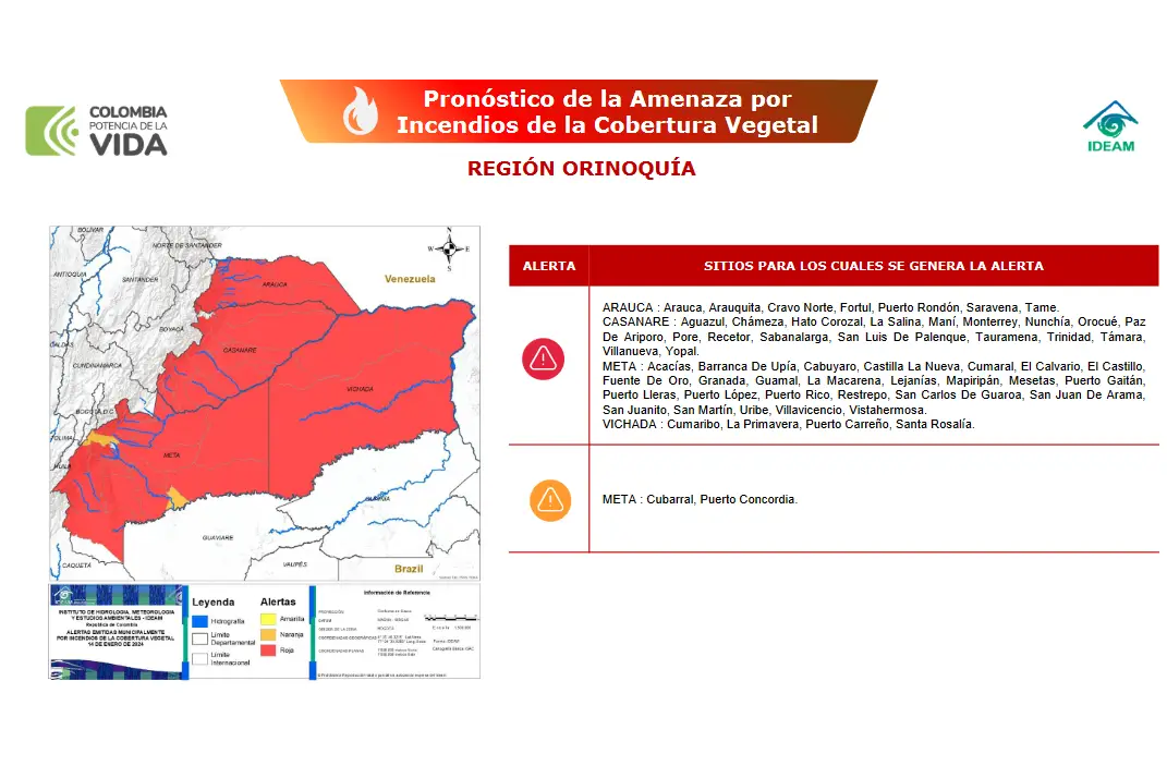 Arauca y el resto de la Orinoquia mantienen la alerta roja por incendios de cobertura vegetal, advierte el IDEAM. 