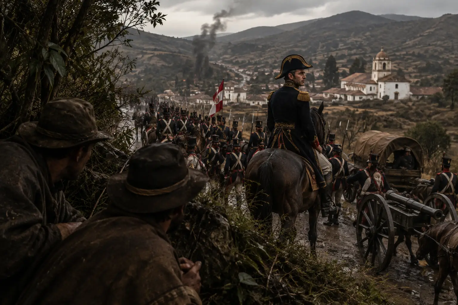 Soldados patriotas vigilan de cerca el movimiento del ejército español.
