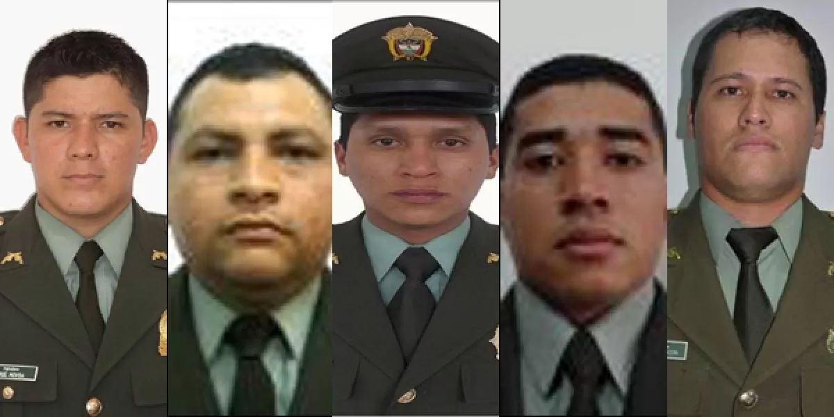Los cuatro policías muertos y uno herido en atentado perpetrado por guerrilleros en zona rural de Saravena, Arauca. En la foto patrullero herido: (Izq - Der) José Novoa, José Acuña, Yan Alviz, David Maestre, Fabio Chacón.