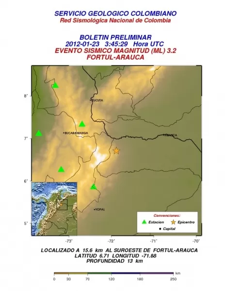 el sismo de 3.2 en la escala de Richter  fue localizado a 15.6 km al sureste del municipio de Fortul en el departamento de Arauca.