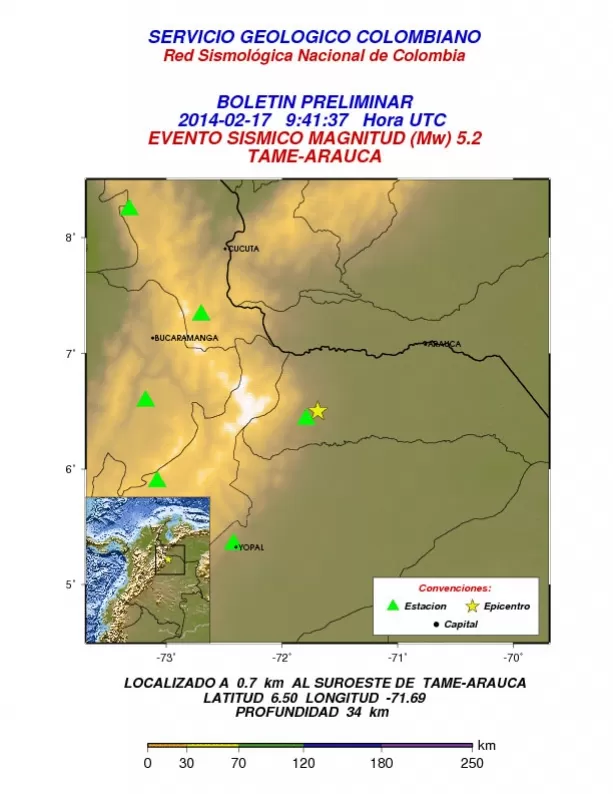 Boletín del servicio geológico colombiano, detalles del sismo ocurrido la mañana del lunes 17 de febrero de 2014 en Tame, Arauca.