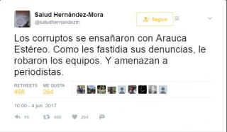 Así se expresó la periodista Salud Hernández-Mora en Twitter, sobre el robo de equipos a la emisora Arauca 100'3 FM Stereo