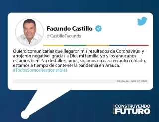 A través de la redes sociales el gobernador de Arauca, Facundo Castillo Cisneros, anunció que su prueba de coronavirus Covid-19, fue negativa.