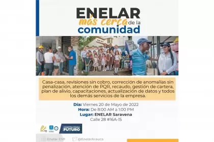 El programa institucional Enelar Más Cerca de la Comunidad se traslada este viernes 20 de mayo a Saravena.