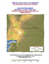 Boletín del servicio geológico colombiano, detalles del sismo ocurrido la mañana del lunes 17 de febrero de 2014 en Tame, Arauca.